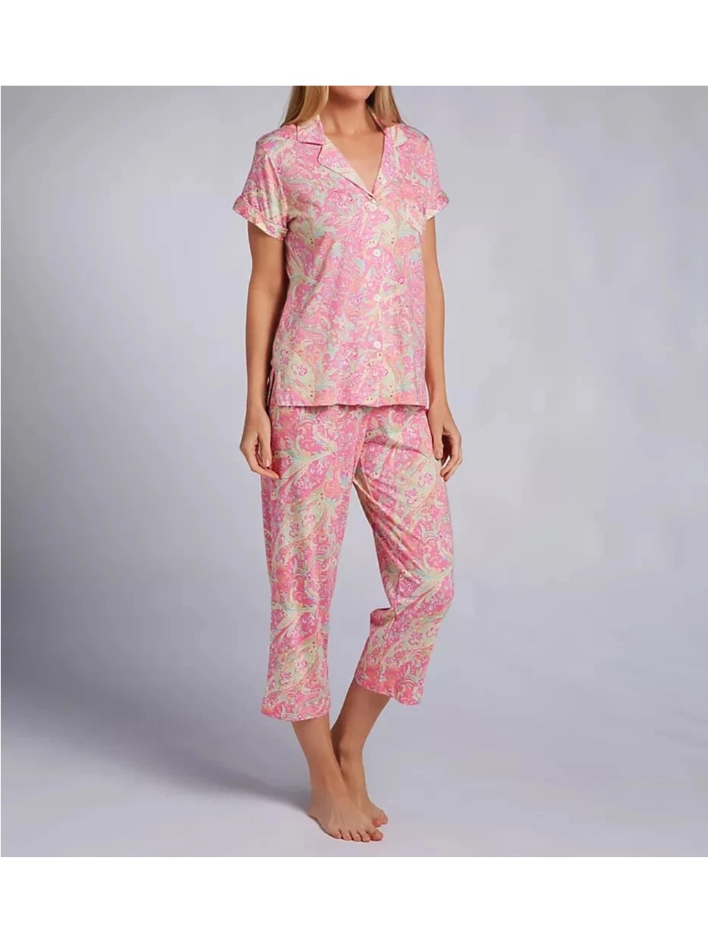 Lauren Ralph Lauren Pink Paisley 2PC Pajama Set Capri Lounge Pants Top S